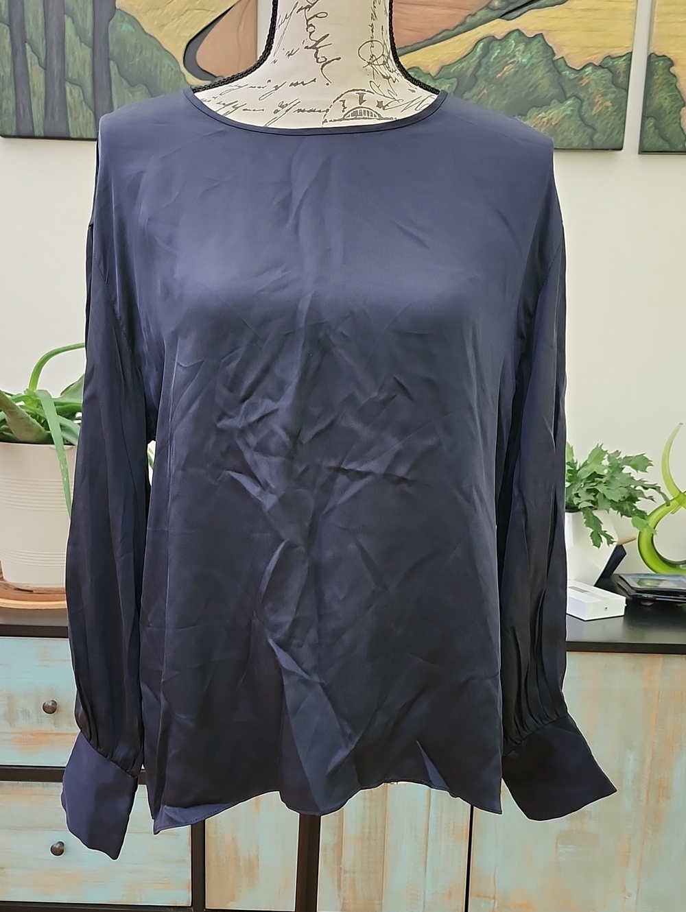 Club Monaco Navy Blue Satin Balloon Sleeve Top Chemise NWT